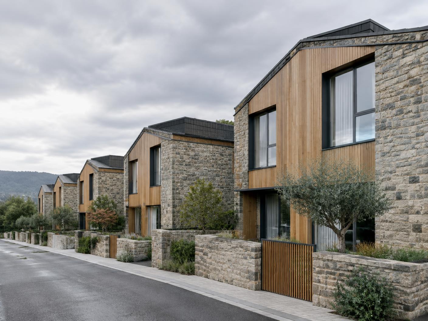 Conjunto residencial contemporáneo con zonas ajardinadas