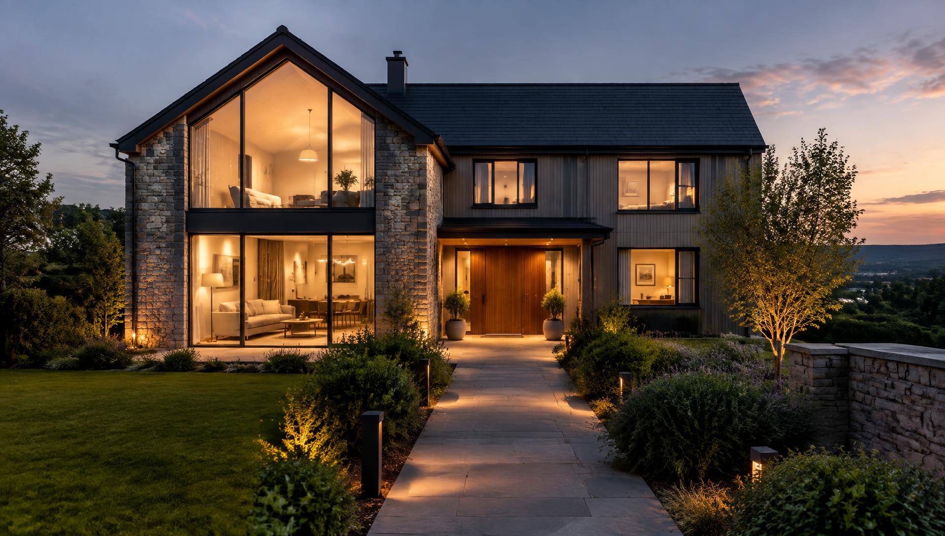 Vivienda iluminada al anochecer